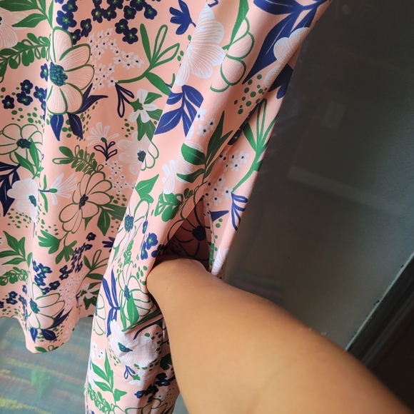 KATHERINE WAY Floral Mini Gold Dress Stretchy Short Sleeves XS Pockets Pink - Picture 5 of 11